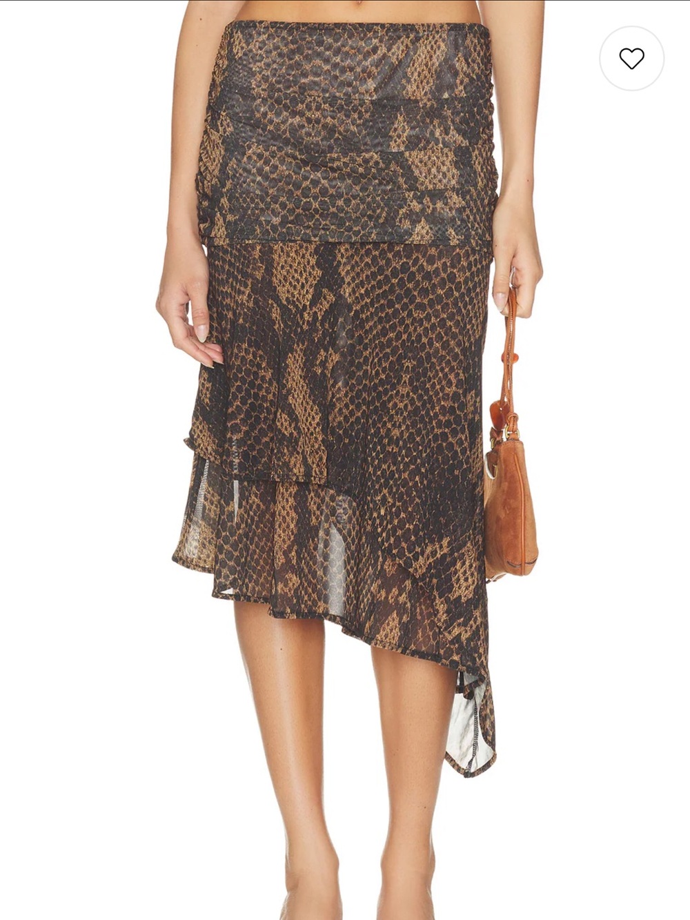 Asymmetrical Brown Snake-Print Midi Skirt